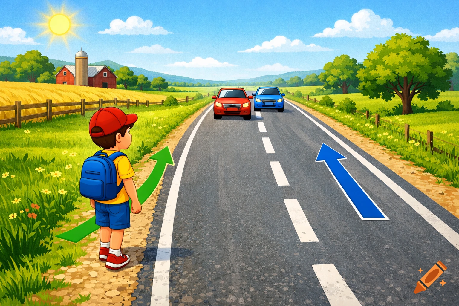 A colorful illustration shows a child with a backpack walking on a dirt path next to a country road, facing two oncoming cars. Green and blue arrows indicate directions.
