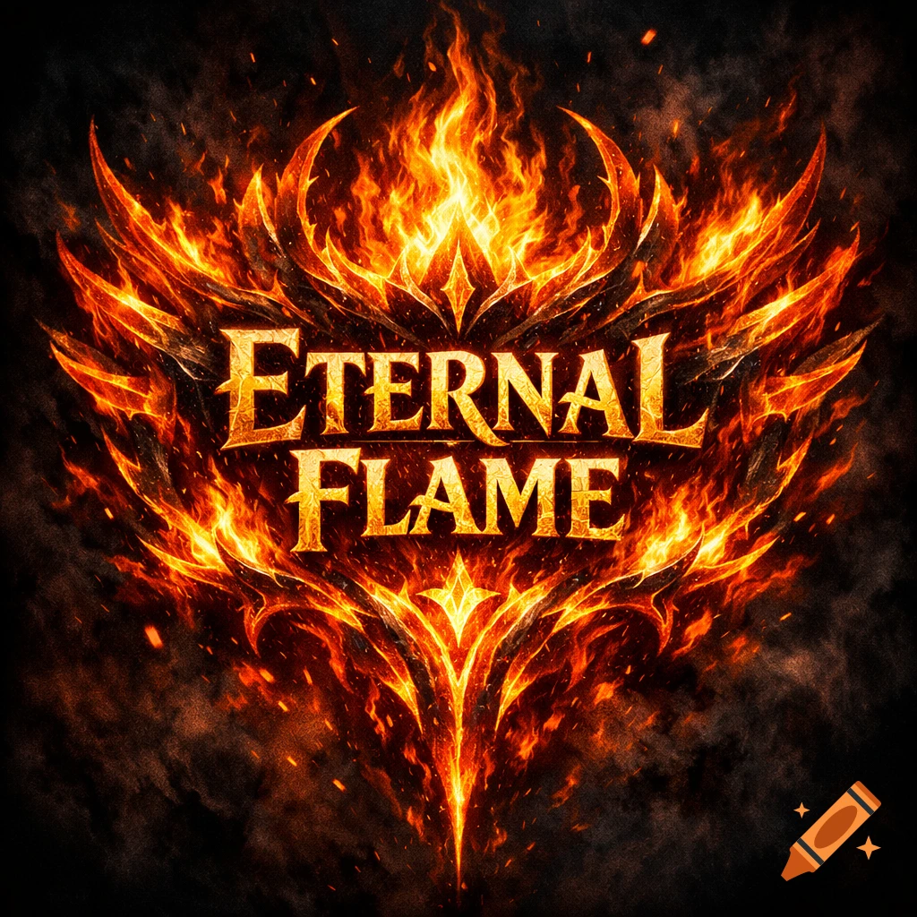 A fiery logo with glowing orange and red flames forming an intricate, symmetrical design around the words 'ETERNAL FLAME' in a metallic gold font.