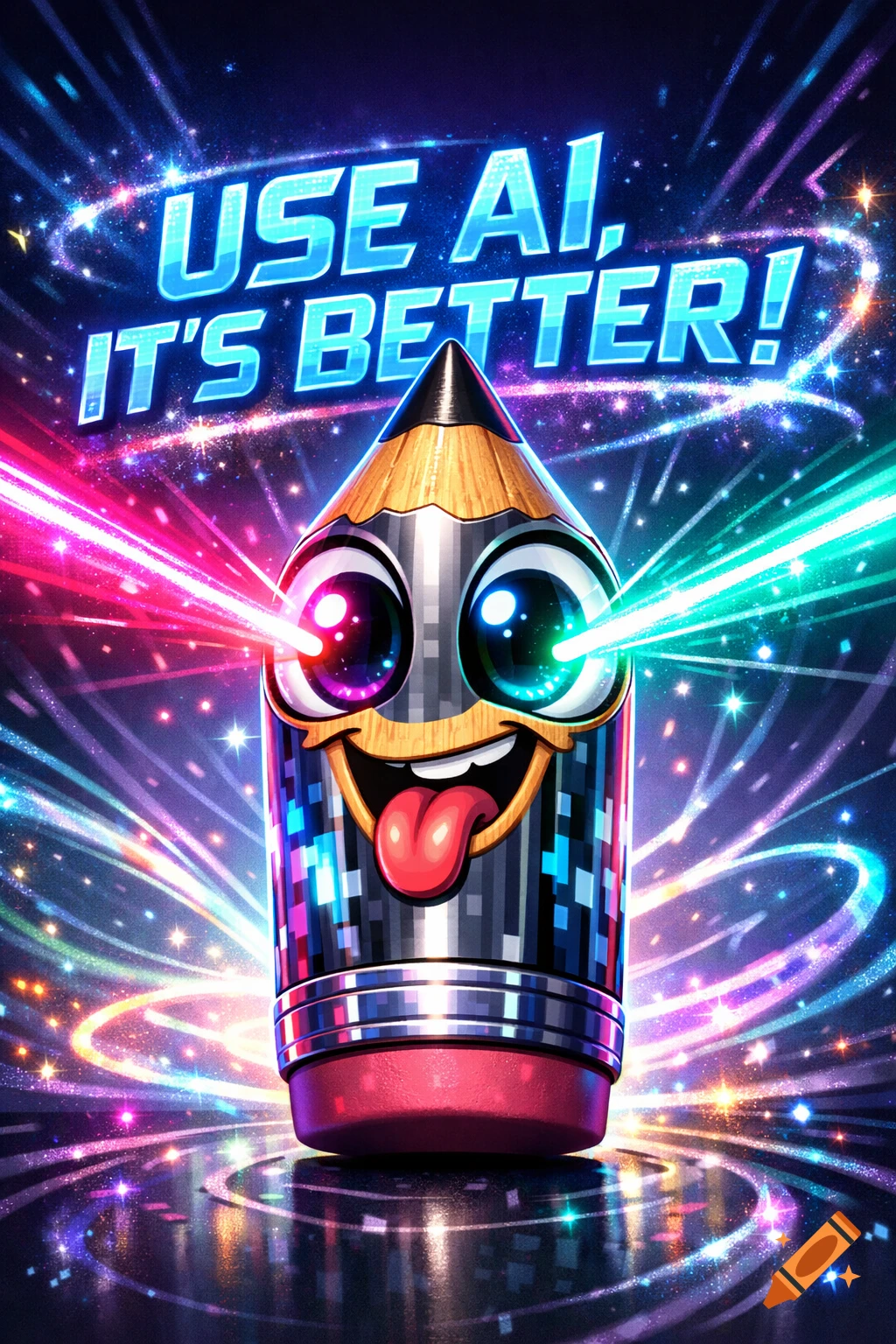 A vibrant, pixelated cartoon pencil smiles with its tongue out, shooting colorful lasers from its eyes, with 'USE AI, IT'S BETTER!' text.