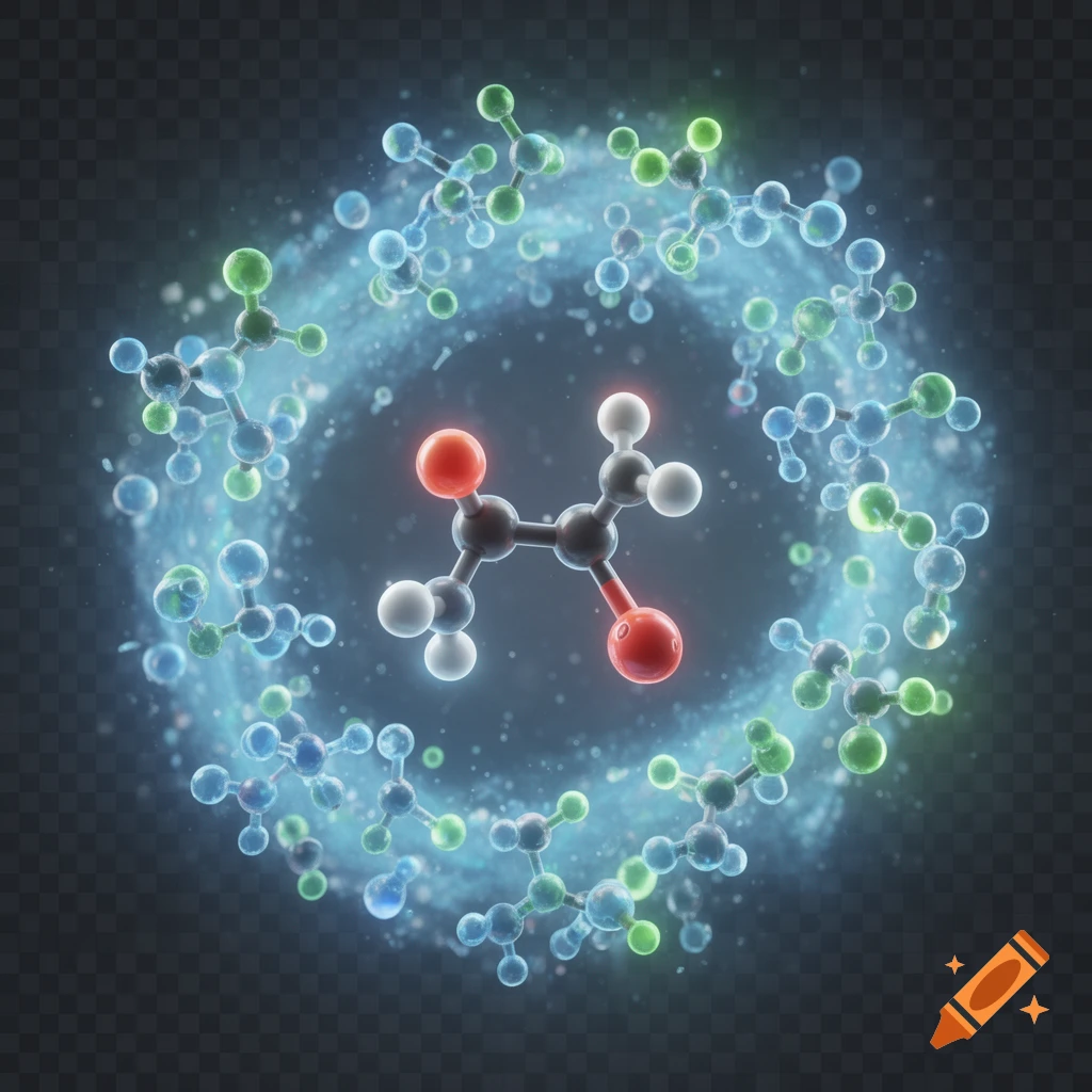 Photorealistic rendering of a central molecule with red, black, and white atoms, surrounded by a swirling blue-green vortex of smaller molecules against a dark background.