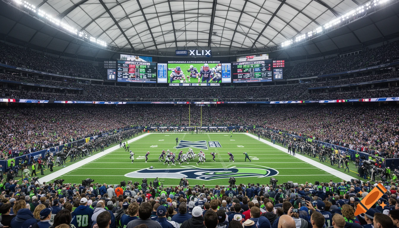 A photorealistic image of a packed football stadium during a game, with "XLIX" visible on the large scoreboard.