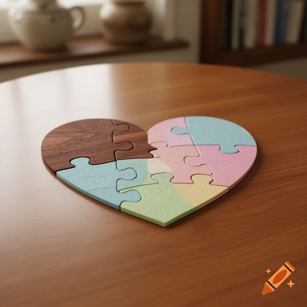 A heart-shaped puzzle made of brown and pastel-colored pieces rests on a wooden table.