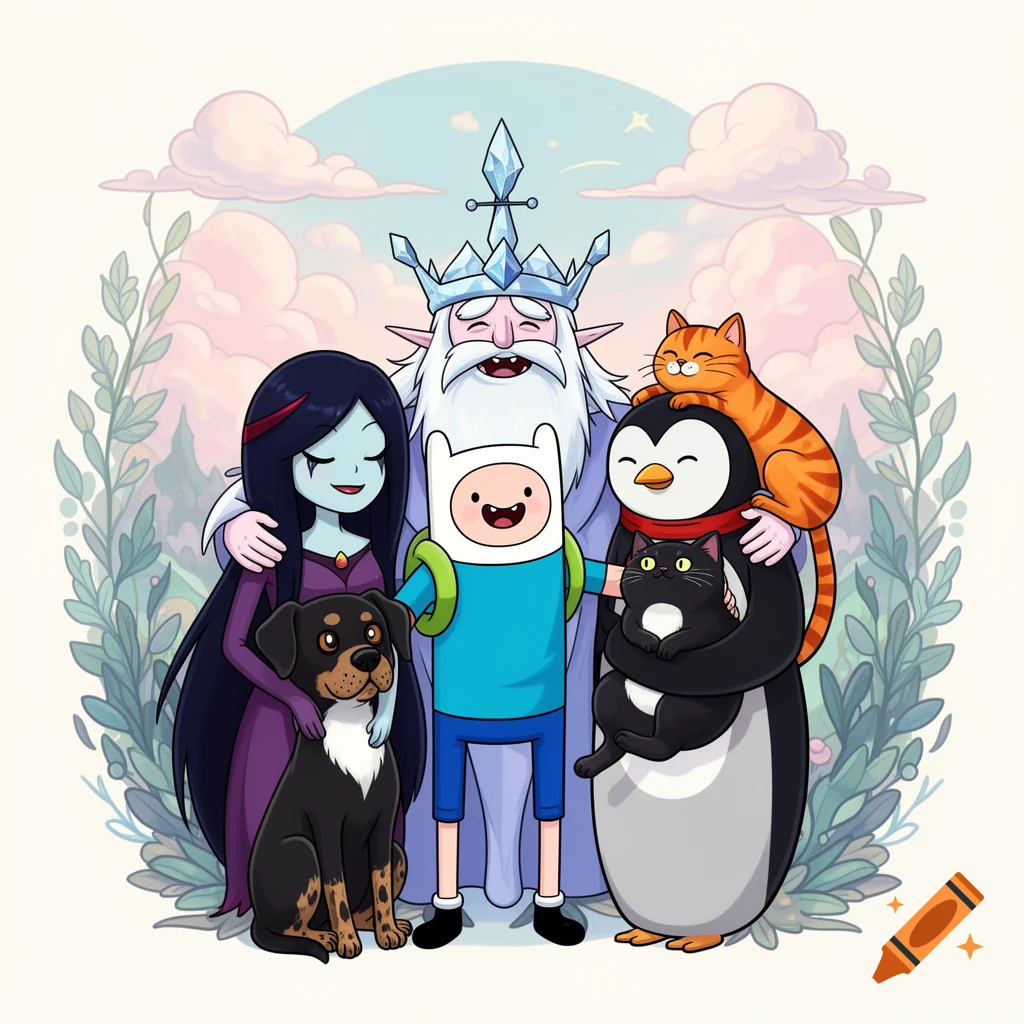 Cartoon group portrait of Adventure Time characters Finn, Marceline, Ice King, and Gunther with their dogs and cats, set against a pastel sky.