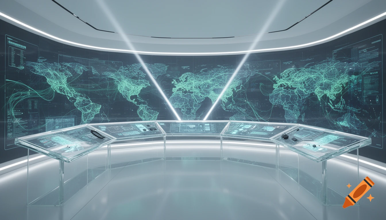 Futuristic control room with a large curved screen displaying a glowing world map and transparent interactive glass dashboards.