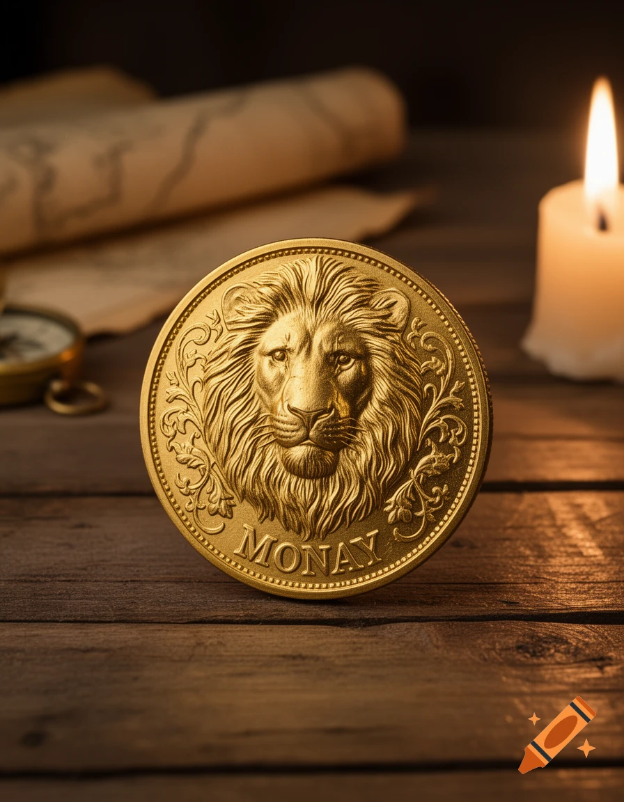 A golden coin with an embossed lion's head and 'MONAY' on a rustic wooden table, illuminated by a candle and a scroll in the background.