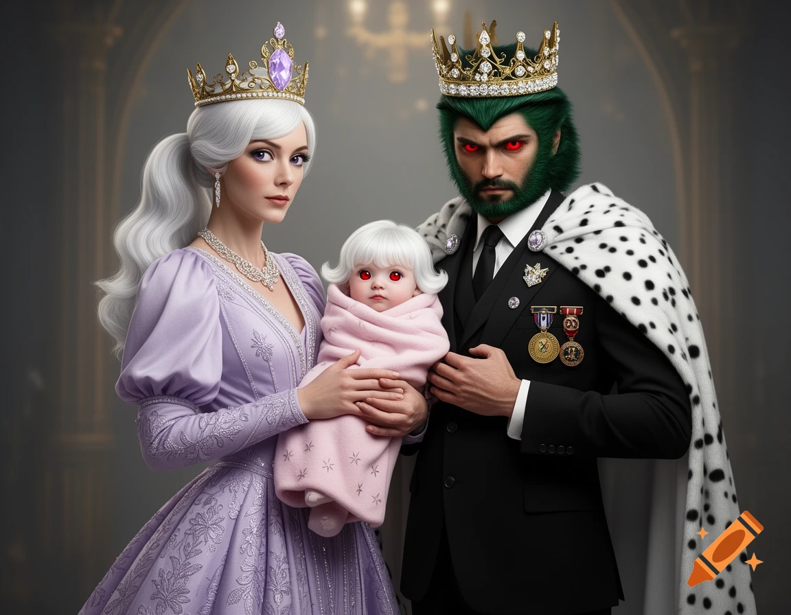 A fantasy portrait of a regal queen with white hair, a king with green hair and red eyes, and a white-haired baby.