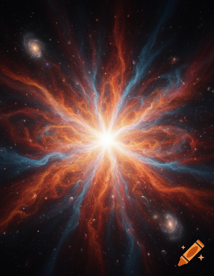 A vibrant cosmic explosion with a bright white center, surrounded by swirling red and blue nebulae, stars, and galaxies.