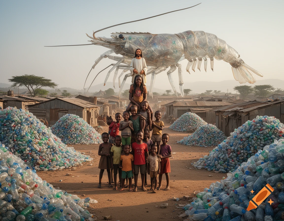 Jesus stands atop a woman and child, surrounded by African children and mountains of plastic bottles in a shantytown, under a giant plastic shrimp.