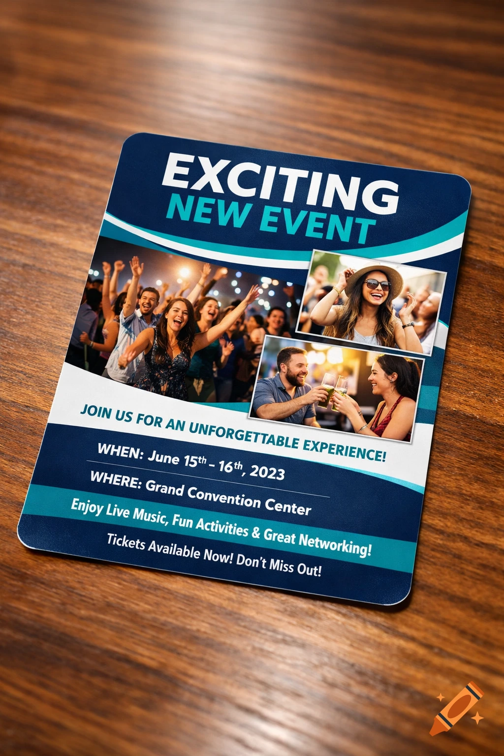 Close-up of a blue and white event flyer on a wooden table, advertising an 'Exciting New Event' with photos of smiling people celebrating.