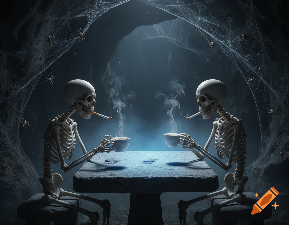 Two photorealistic skeletons sit at a stone table in a misty, spiderweb-filled cavern, smoking cigarettes and drinking coffee.