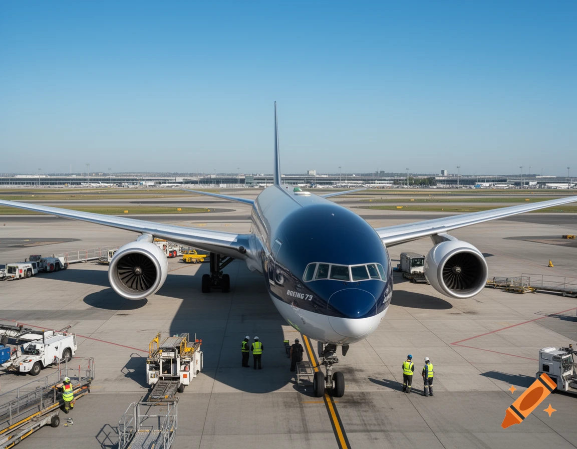 A photorealistic image of a large blue and white Boeing aircraft parked on an airport tarmac with ground crew.