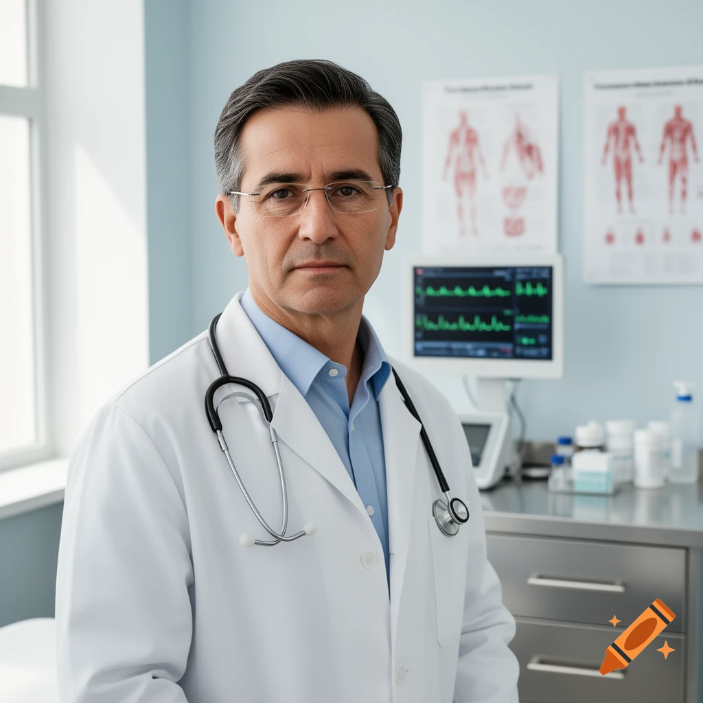 A serious-looking male doctor with glasses and a stethoscope stands in a brightly lit medical office.