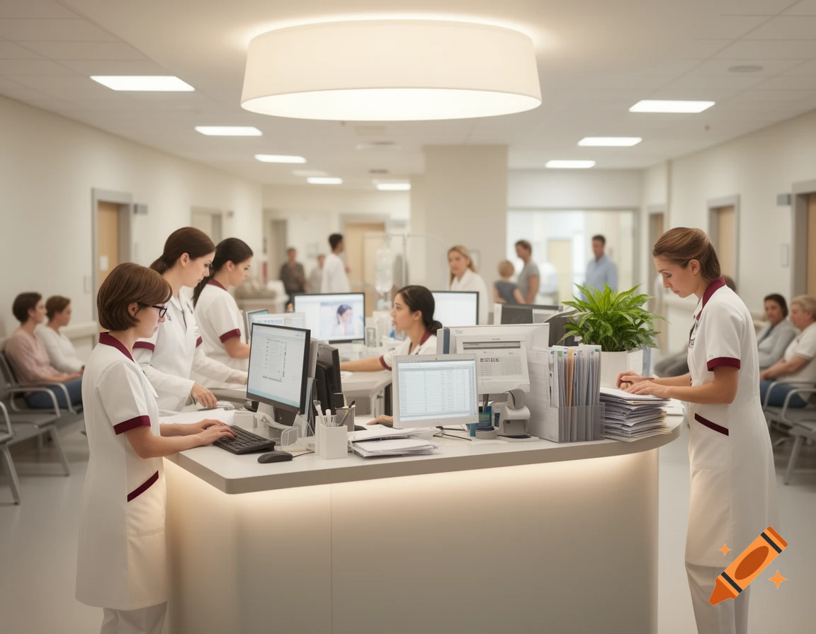 Photorealistic image of nurses at a busy station in a hospital, with patients waiting.