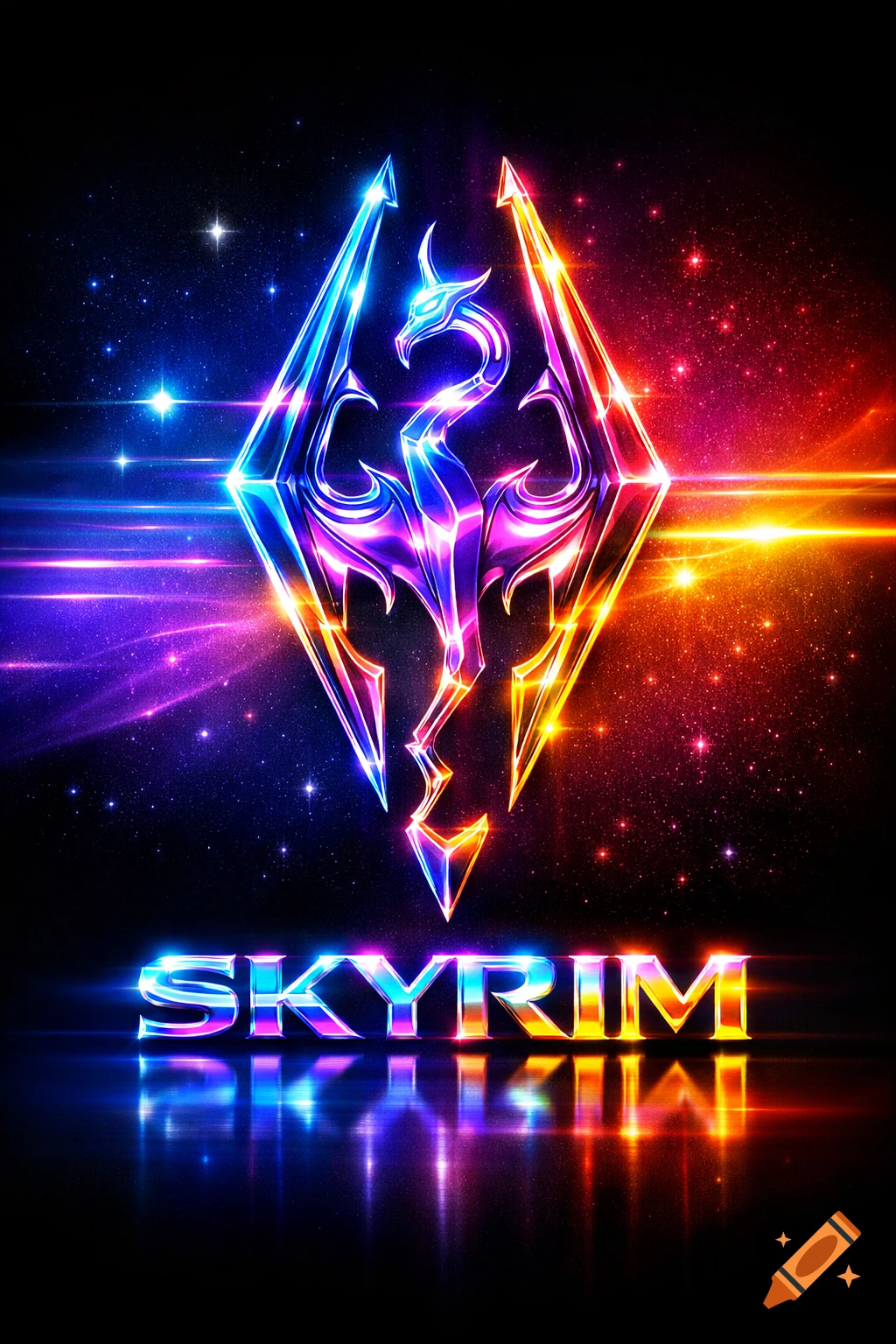 Neon Skyrim logo with a dragon in a diamond shape above 'SKYRIM' text, glowing brightly against a starry cosmic background.