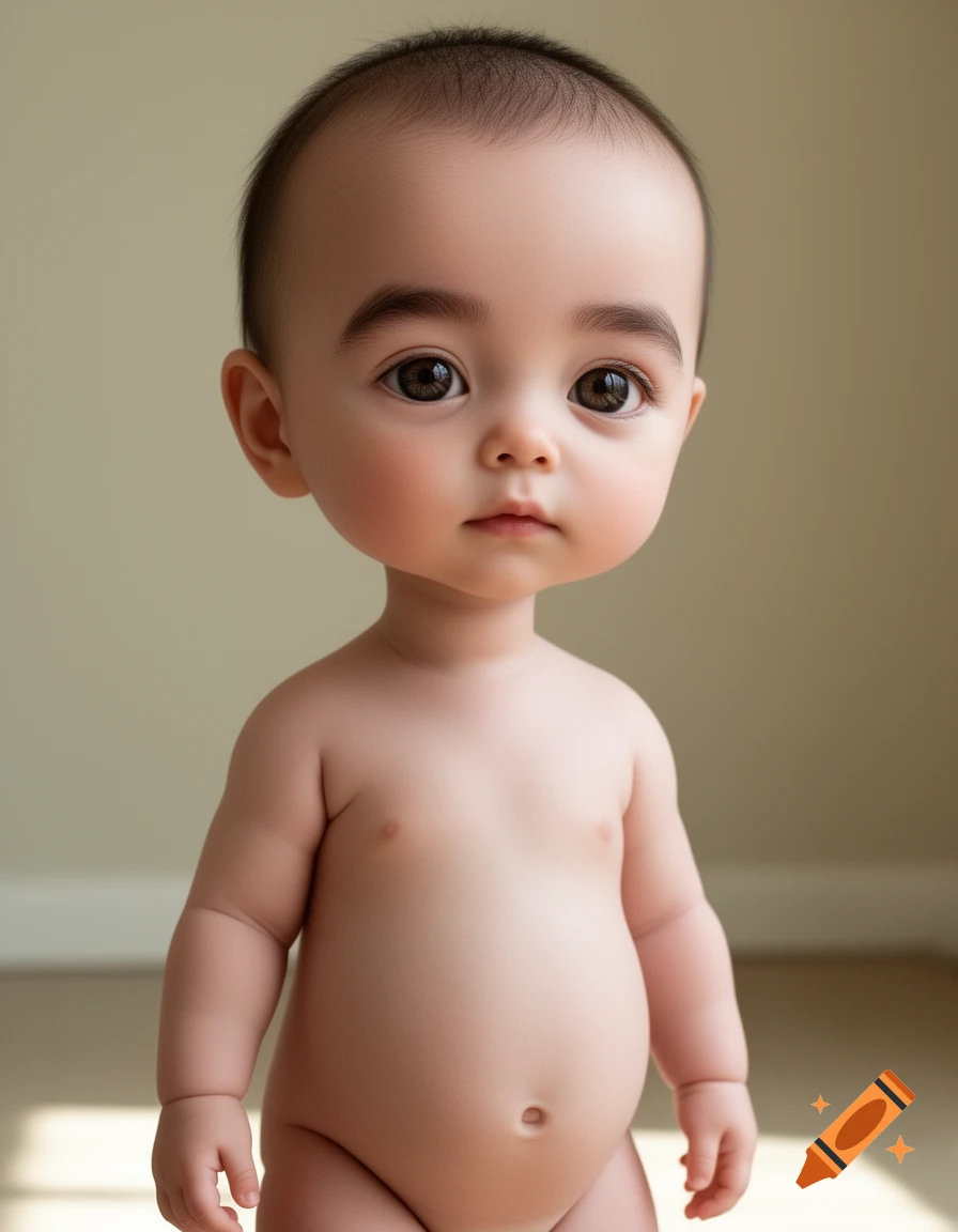 Photorealistic image of a stylized baby with an oversized head and large eyes, standing nude in a neutral indoor setting.