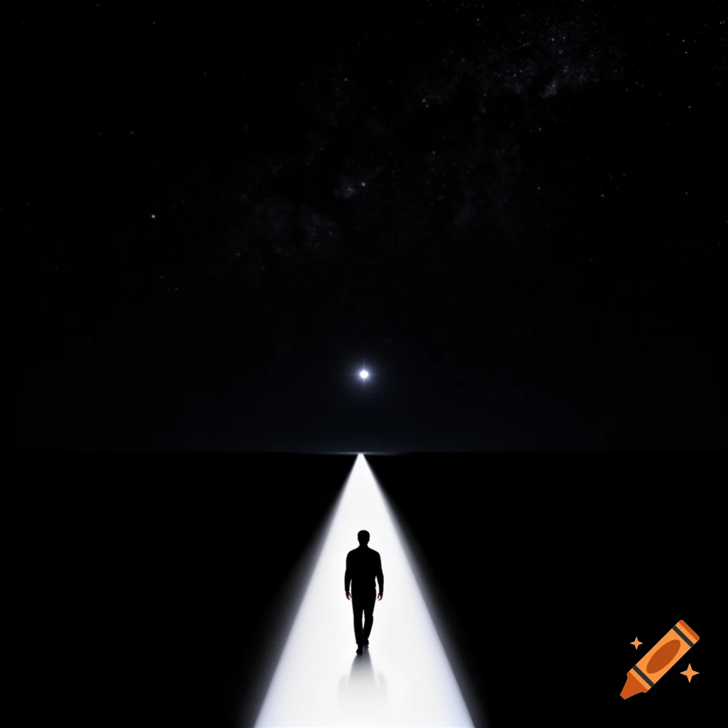 A person's silhouette walks on a bright, narrow path of light towards a distant, glowing star in a vast, dark, starry sky.