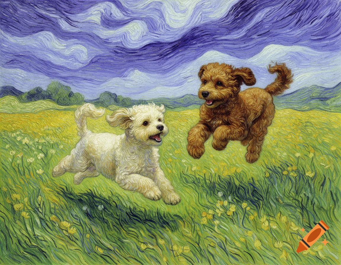 A white and a brown cockapoo run in a field of green and yellow flowers under a swirling purple sky, in the style of Van Gogh.