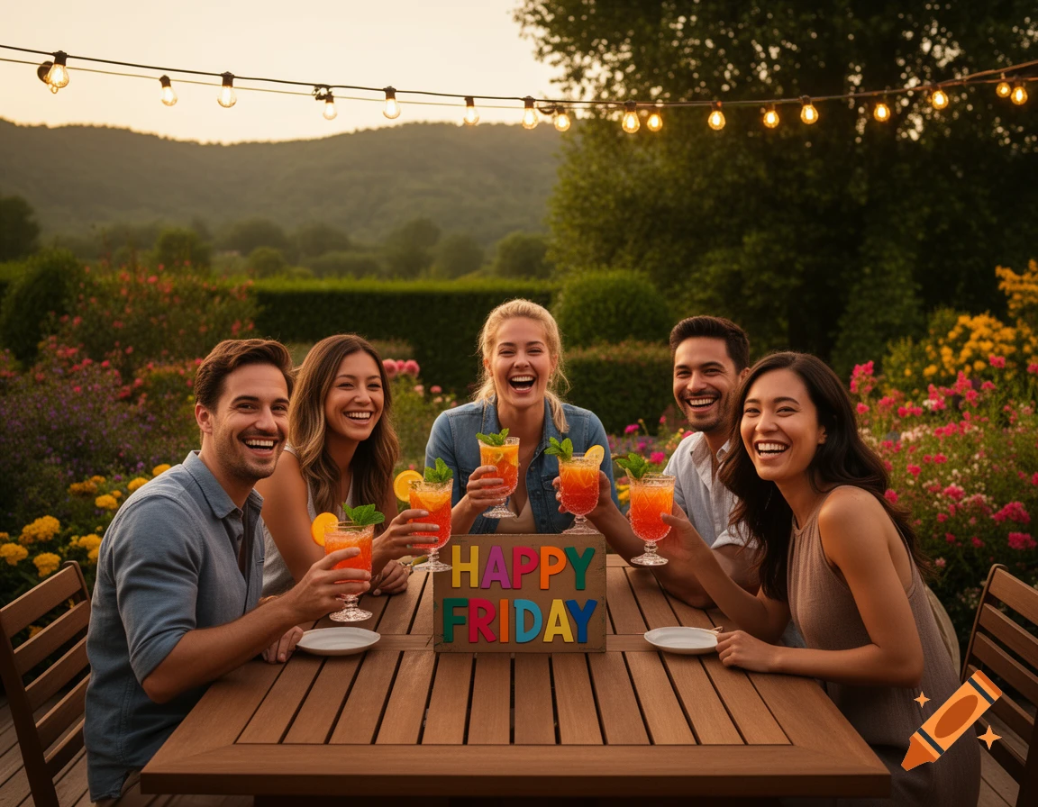 Five happy friends smiling and toasting with colorful non-alcoholic cocktails at an outdoor patio table with string lights and flowers, photorealistic.