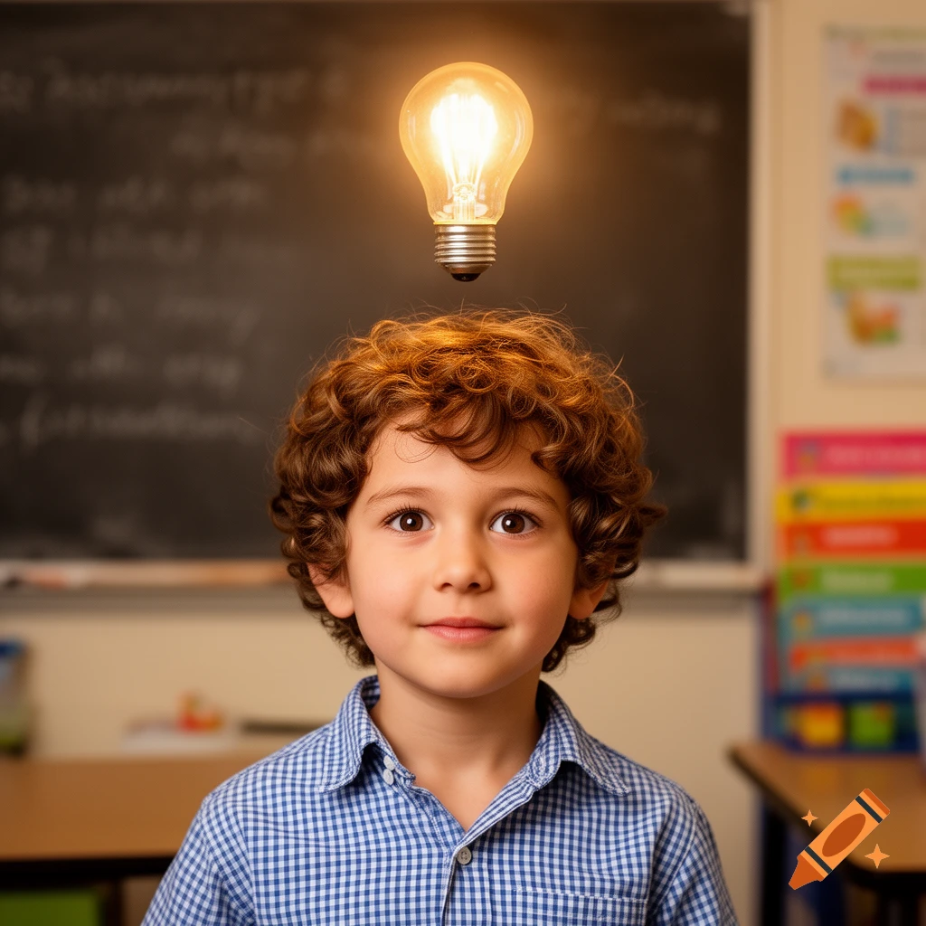 A young boy with curly brown hair wearing a blue plaid shirt looks forward as a glowing light bulb floats above his head in a classroom.