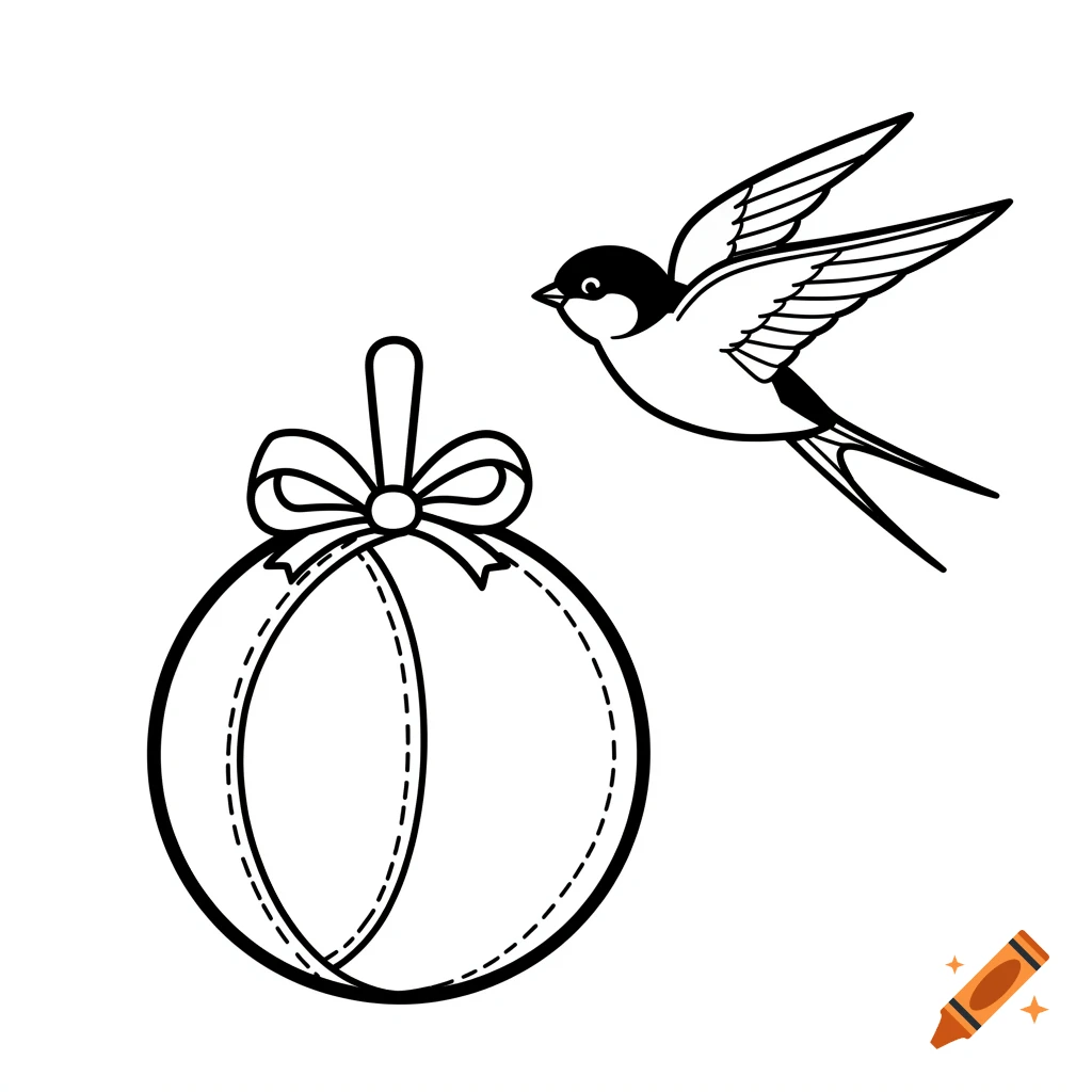 A simple coloring page illustration with thick black outlines shows a flying swallow bird above a round leather ball with a bow.