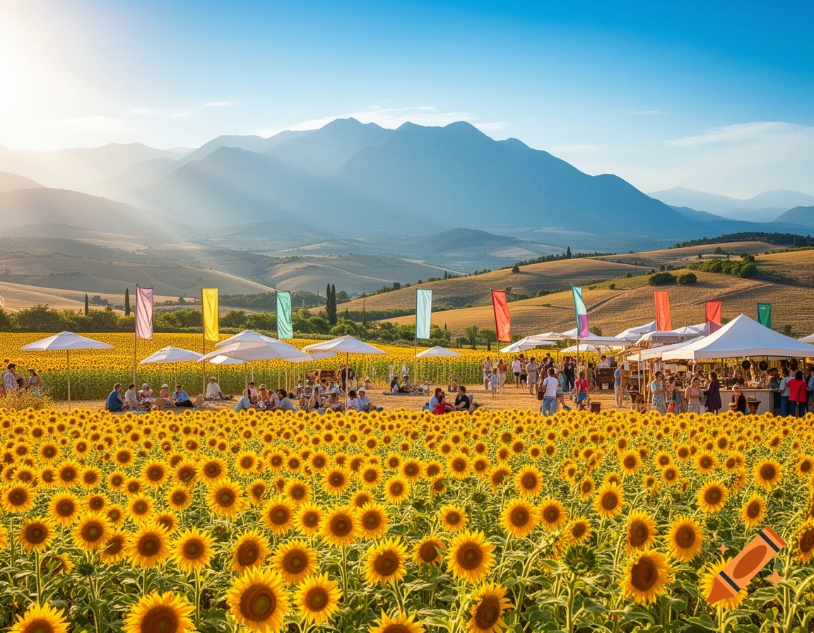 A vibrant sunflower field with people enjoying an outdoor festival under white tents, set against a backdrop of majestic mountains.