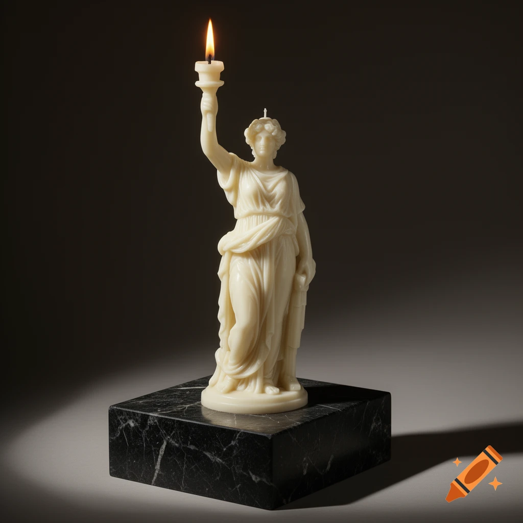 A realistic white wax miniature statue candle of a classical Greek figure holding a lit torch on a dark marble pedestal.