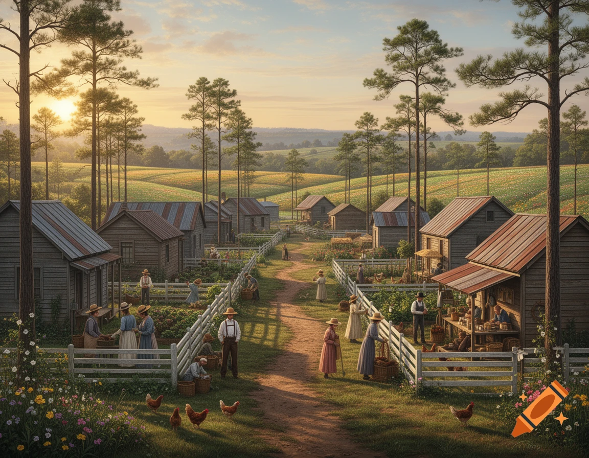 An idyllic rural colony with rustic wooden houses, people working, dirt path, fences, chickens, and pine trees at sunrise.