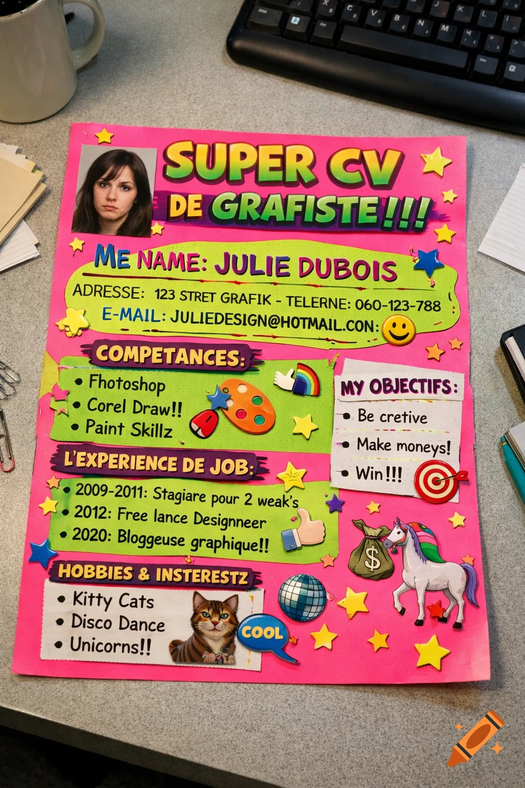 A close-up of an extremely poorly designed, bright pink and green resume with a stern-looking woman's photo, mixed absurd fonts, cliparts, and numerous spelling errors, lying on a desk with a coffee mug and keyboard in the background.