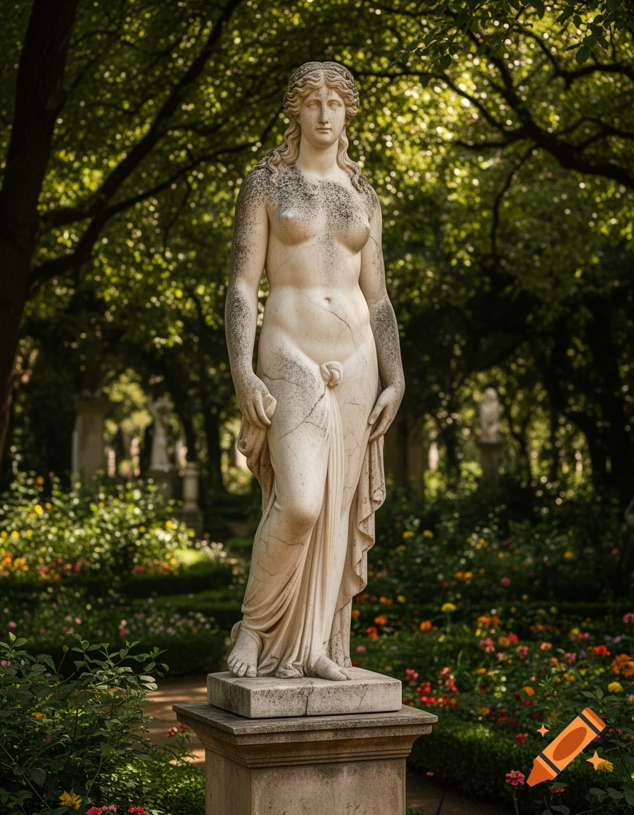 A weathered classical marble statue of a nude woman stands on a pedestal in a sunny, lush garden filled with flowers.
