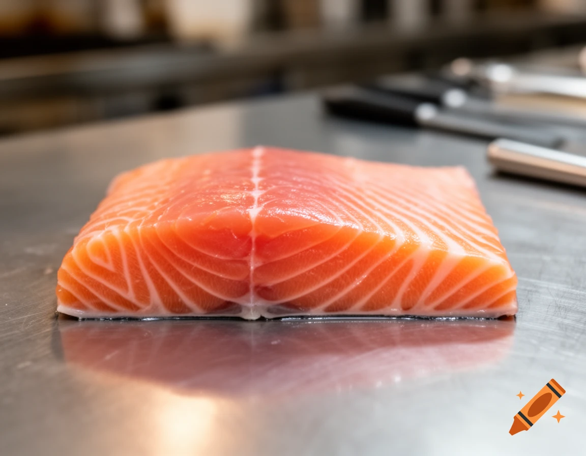 A fresh, raw salmon fillet with distinct white fat lines sits on a metallic kitchen counter with a blurred background.