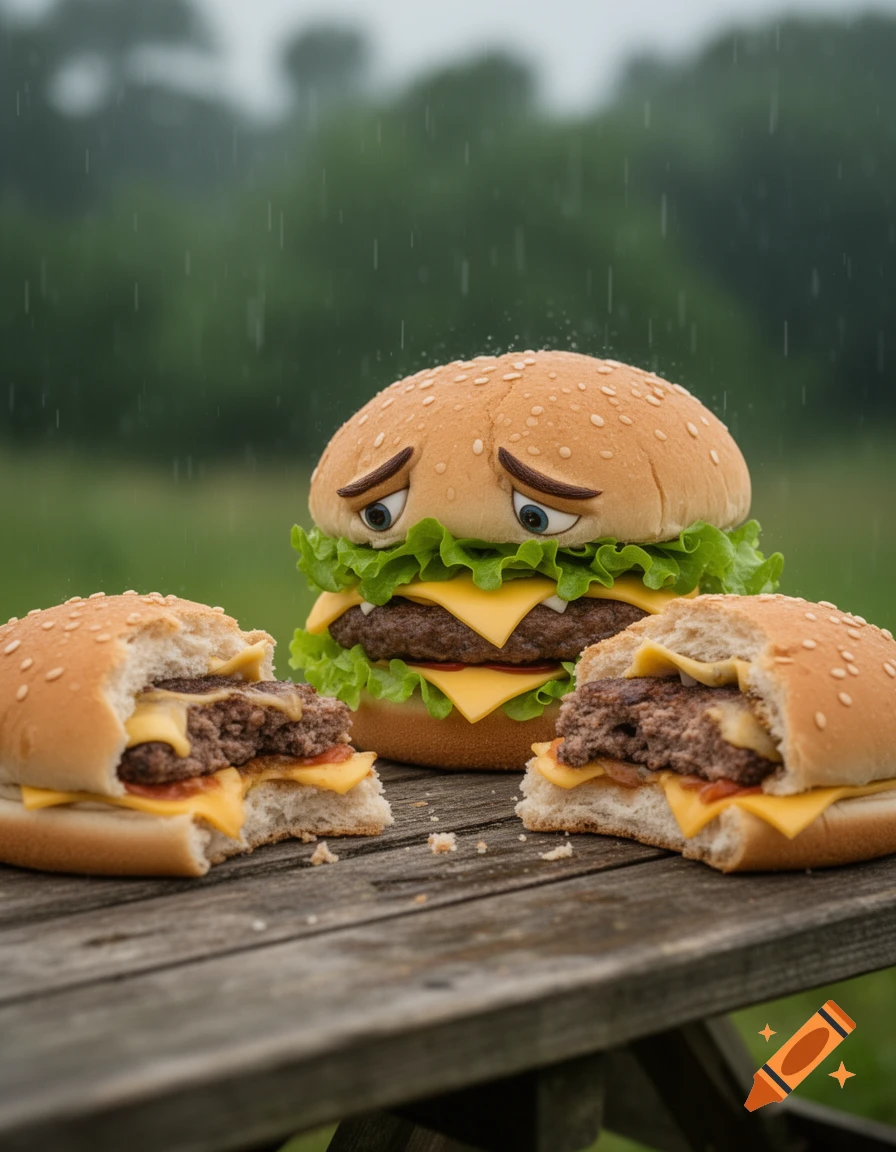 A sad-faced anthropomorphic burger watches two half-eaten burgers on a rainy wooden picnic table.