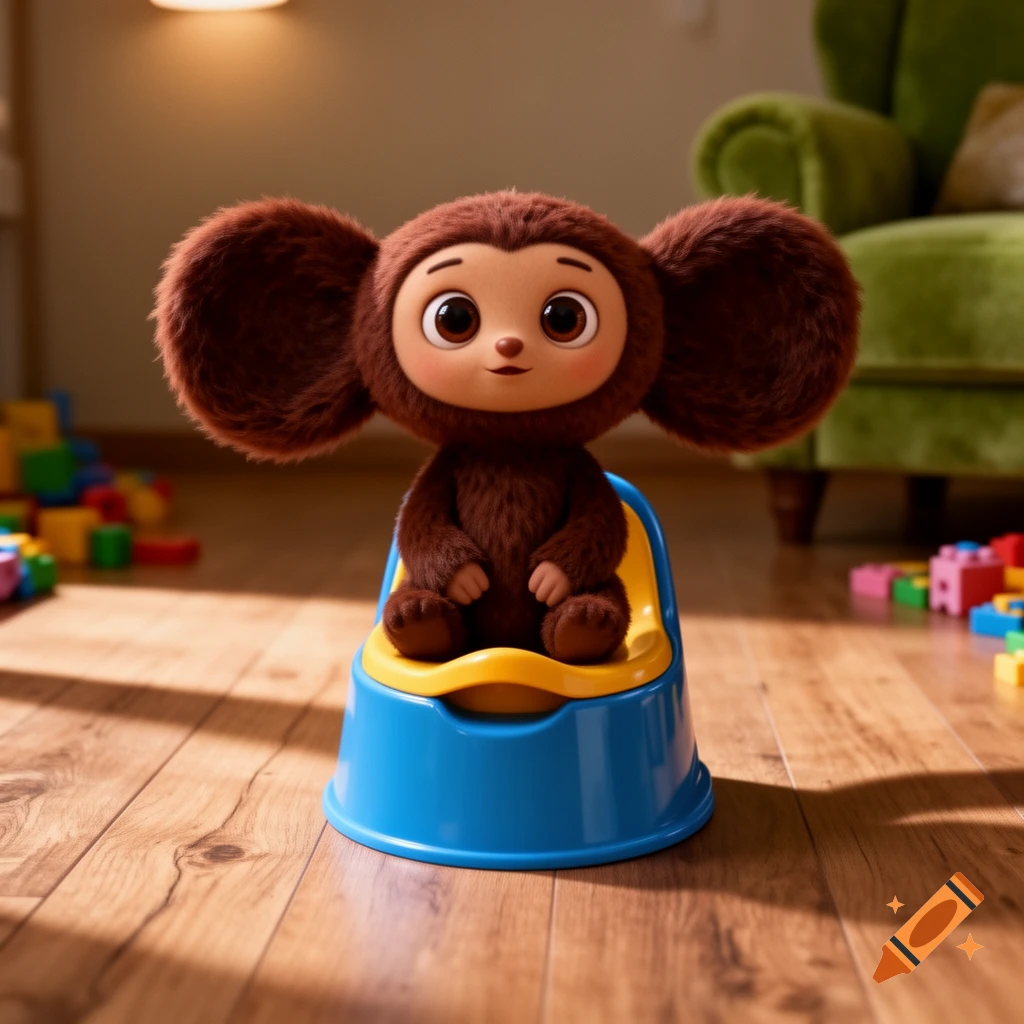 Photorealistic furry brown Cheburashka cartoon character with big ears sitting on a blue and yellow potty in a room with wooden floor and toys.
