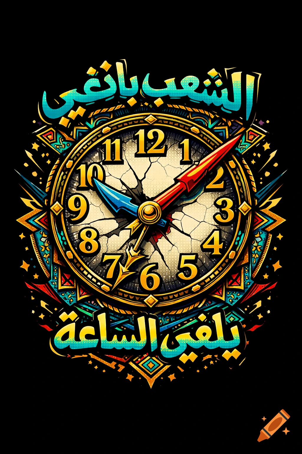A vibrant T-shirt design featuring an ornate, cracked clock face with gold numbers and hands, framed by colorful geometric patterns. Arabic text in blue and yellow is above and below the clock.