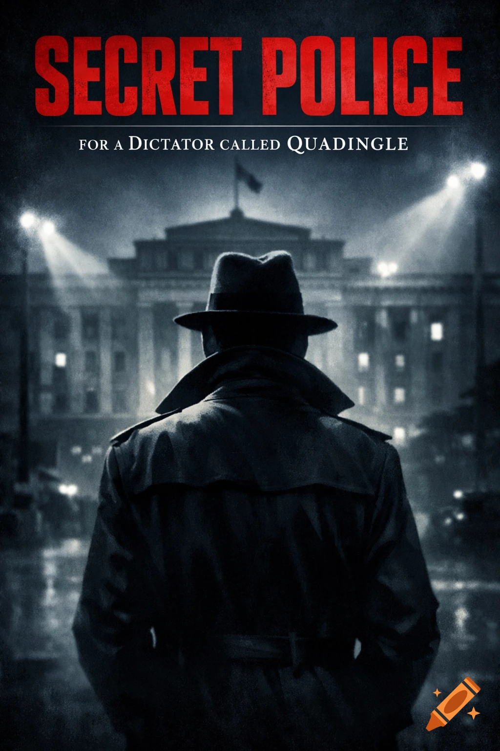A person in a trench coat and fedora views a grand, illuminated building at night. Text reads "SECRET POLICE FOR A DICTATOR CALLED QUADINGLE."