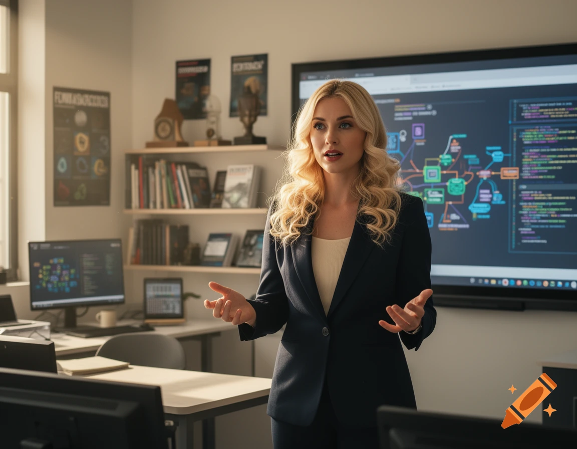 A blonde female technology teacher in a black suit speaks in a classroom with screens displaying code and diagrams.