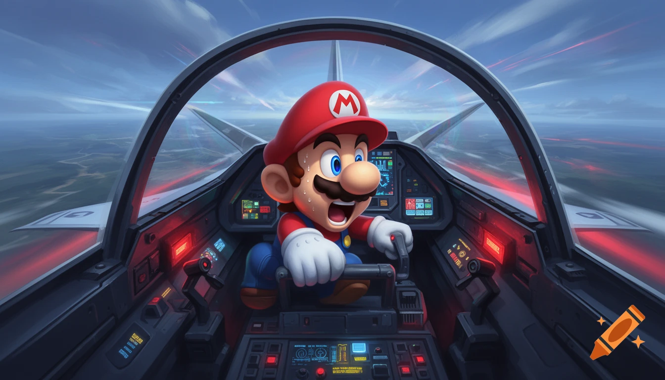 Mario, looking scared and sweaty, pilots a detailed fighter jet high above a landscape under a dramatic sky.