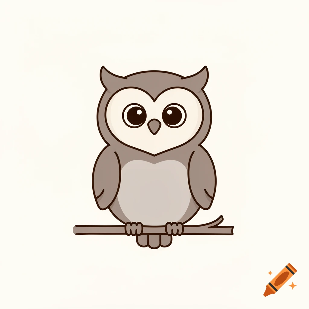 A simple, cute cartoon owl with big eyes sits on a branch against a light background.