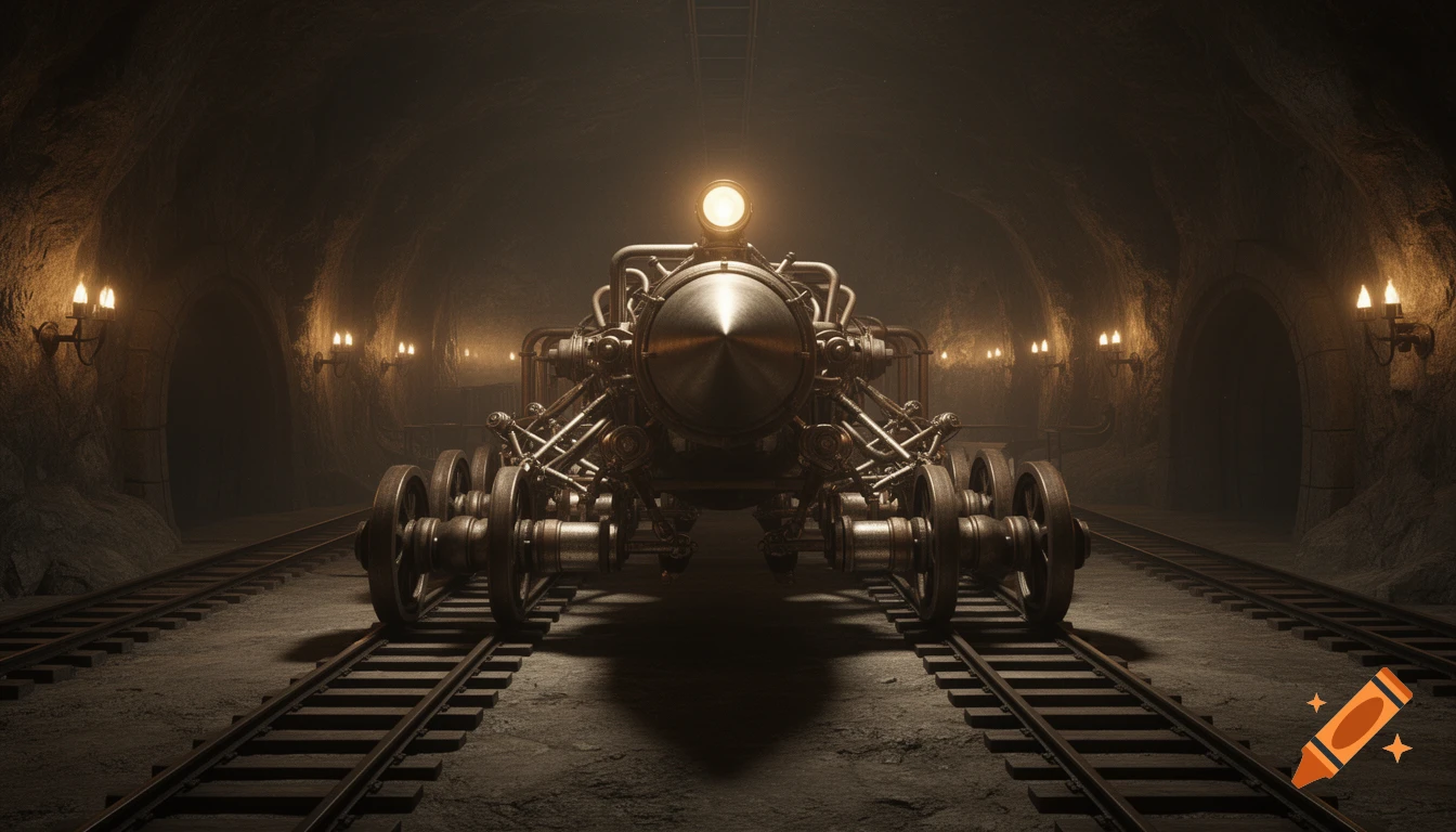 A massive steampunk machine with a conical prow and many iron wheels sits on multiple tracks in a dark, lamp-lit tunnel.