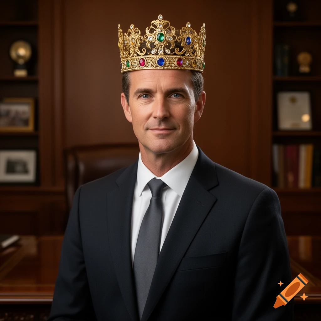 A man in a dark suit and tie, wearing a golden crown adorned with jewels, poses in an office setting.