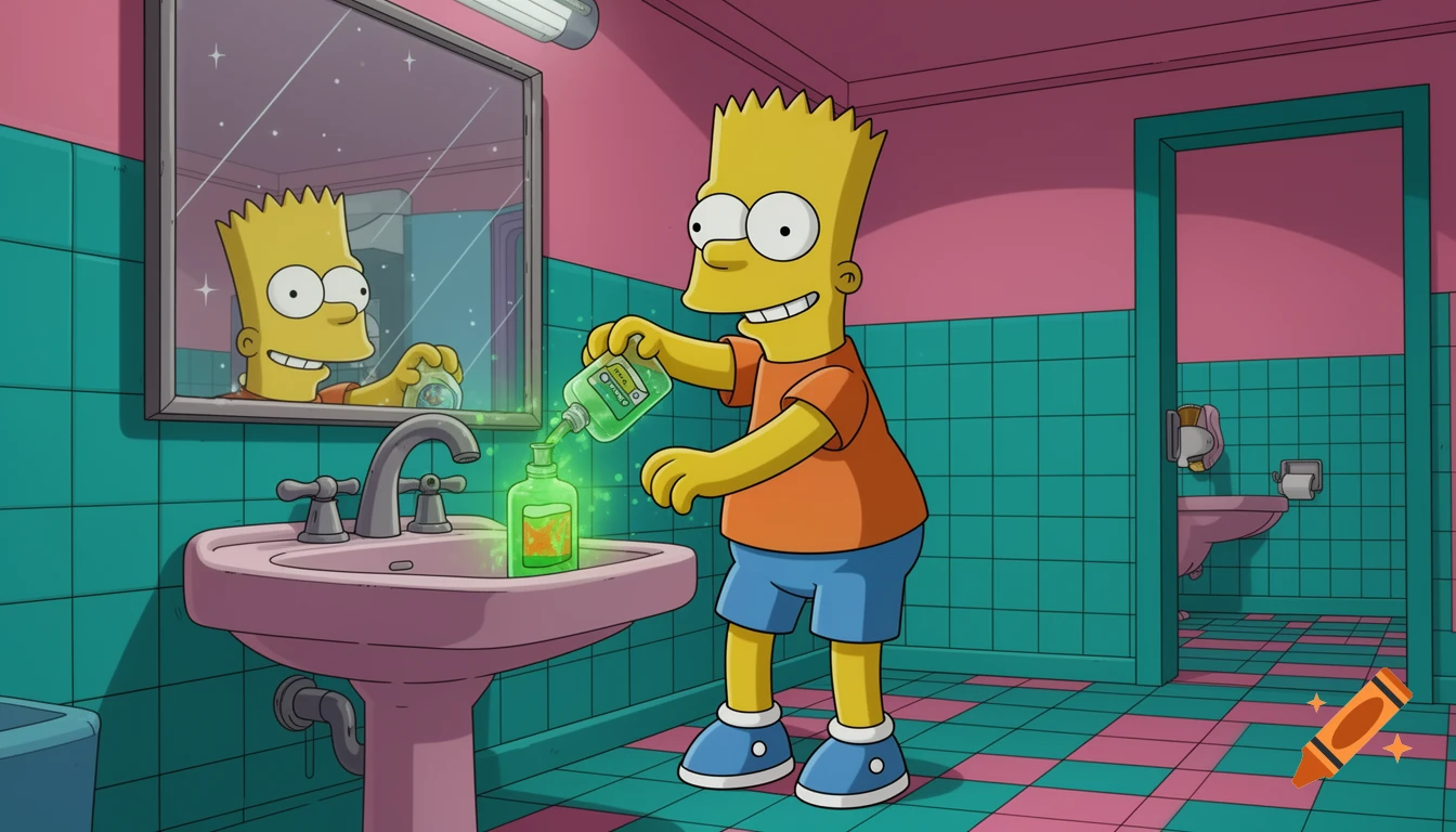 Bart Simpson secretly pours glowing green liquid into a soap dispenser in a colorful cartoon bathroom, looking mischievous. Stylized like an animated TV show.