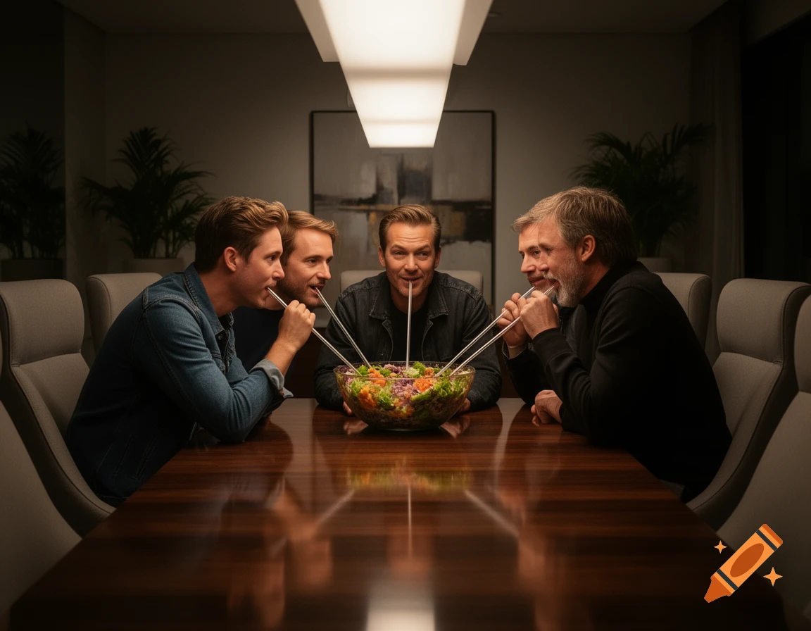Five white men in a dimly lit room sit around a dark wooden table, each drinking from a large salad bowl with a long straw.