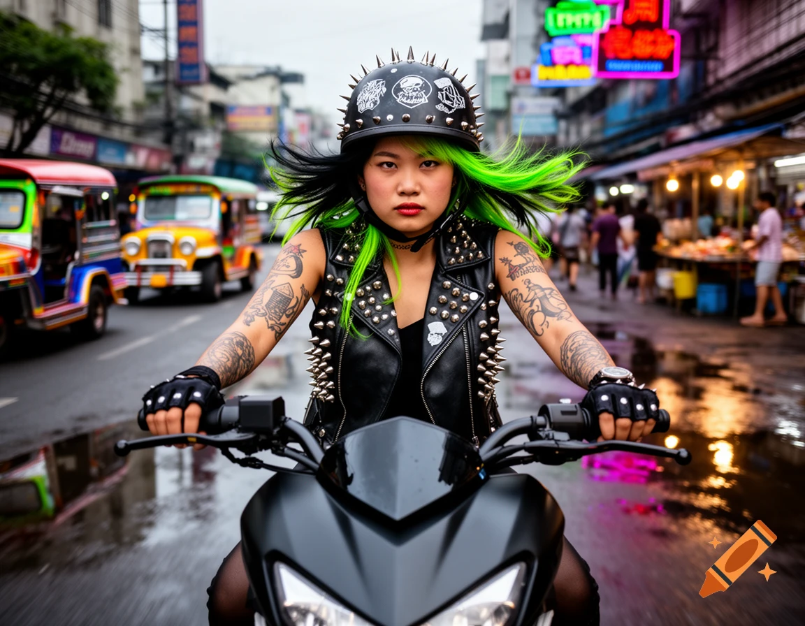 A punk girl with bright green hair and a studded vest drives a motorbike on a wet street with city traffic and neon signs.