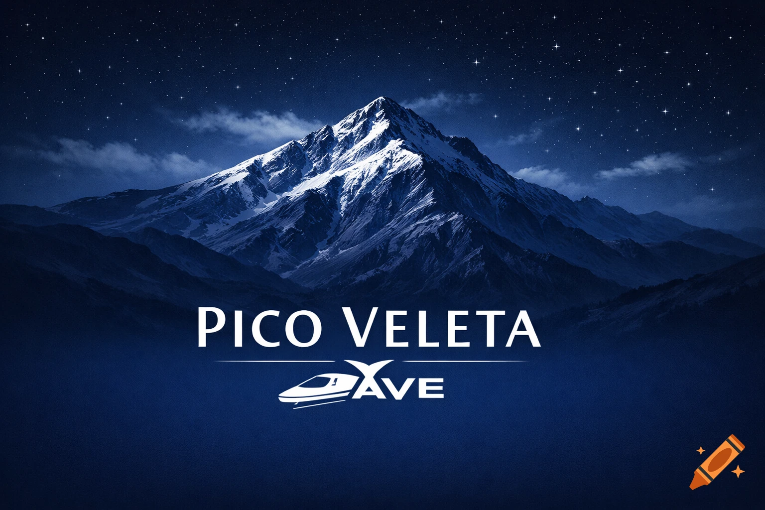 A snowy mountain peak under a starry night sky, with the text "PICO VELETA" and a stylized train logo with "AVE" below it.