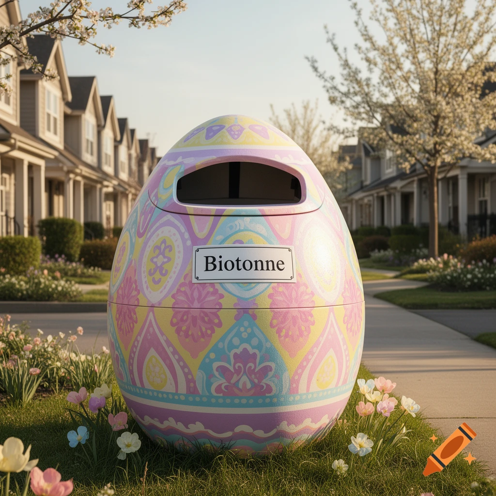 A pastel-colored Easter egg-shaped trash can with the label "Biotonne" sits on a grassy lawn in a suburban neighborhood.