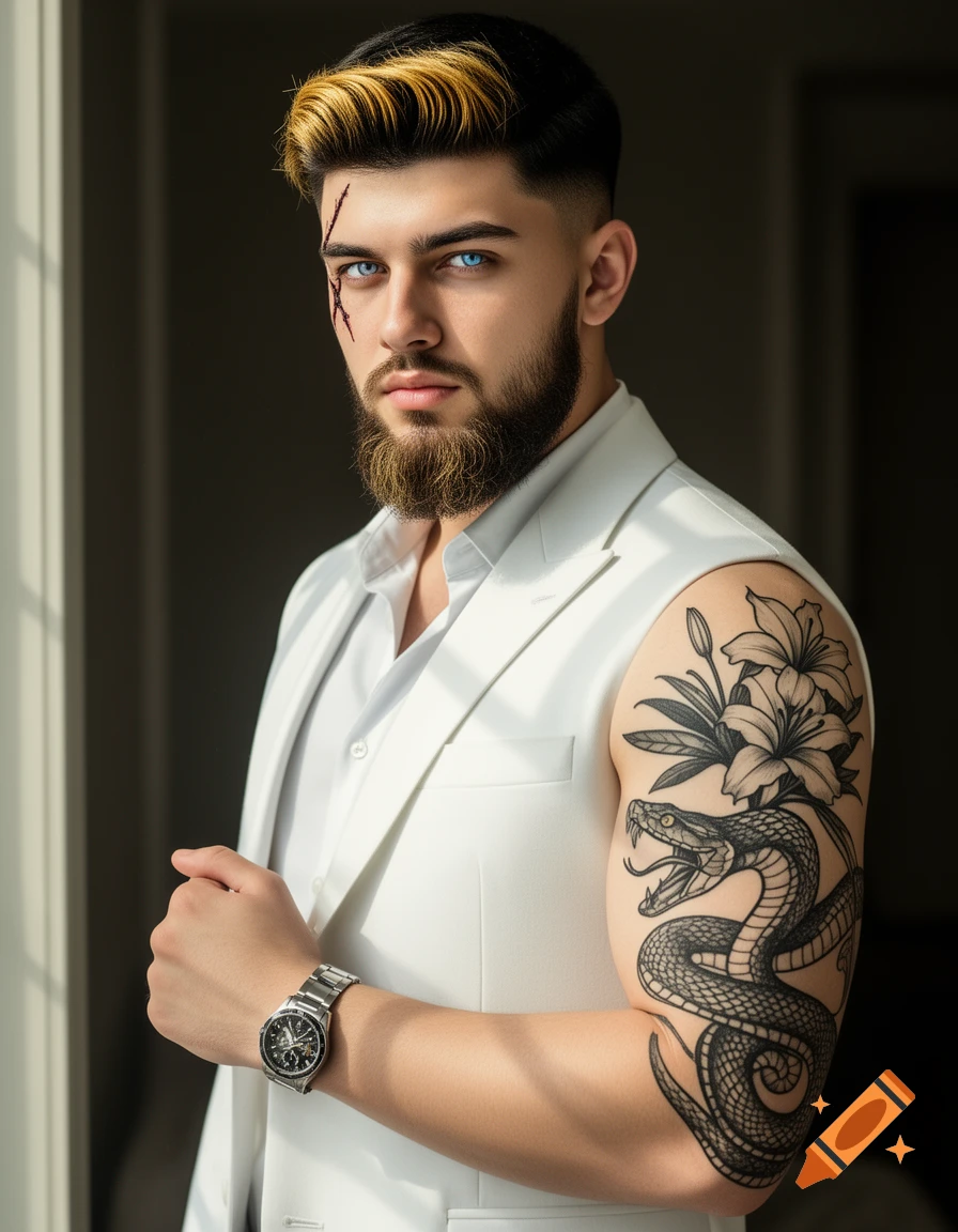 Photorealistic portrait of a man with gold-tipped hair, beard, scar, blue eyes, white vest, watch, and a snake and lily arm tattoo.