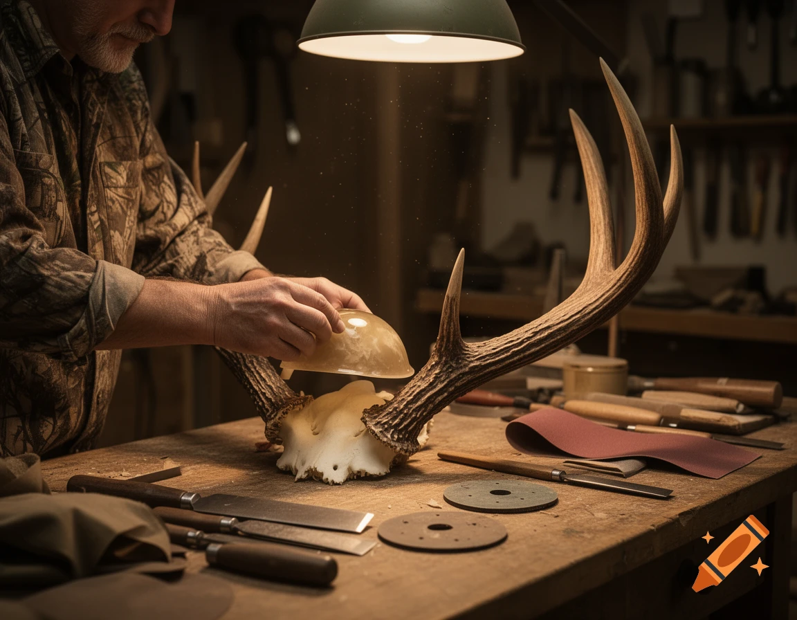 A man in a workshop carefully installs a resin skull cap on deer antlers on a cluttered workbench, under a bright lamp.