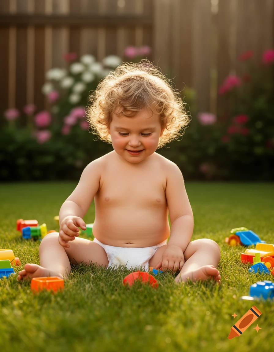 A happy baby with curly blond hair sits on green grass, playing with colorful toys in a sunlit garden.