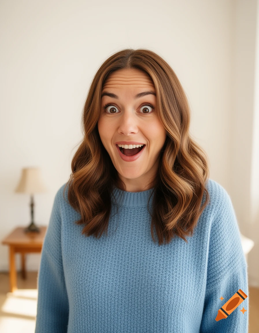 A woman with long wavy brown hair, wearing a blue sweater, looks at the camera with a wide-eyed, shocked, and smiling expression.