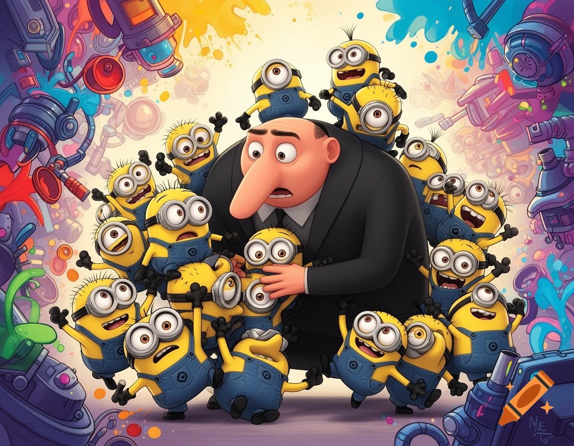 Gru is surrounded by numerous excited Minions, all in a vibrant, cartoon style, with colorful, abstract mechanical background elements.