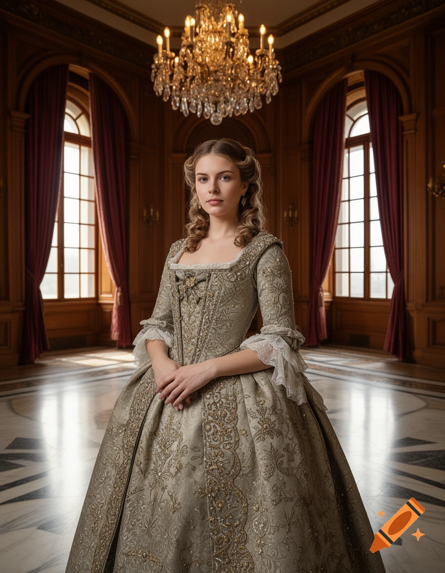 A young woman in a detailed, ornate historical gown stands in a grand ...